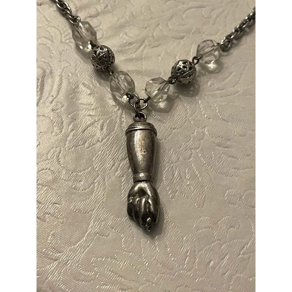 Freirich Necklace Hand Pendant Silver Tone Crystal Filigree Beads 18”